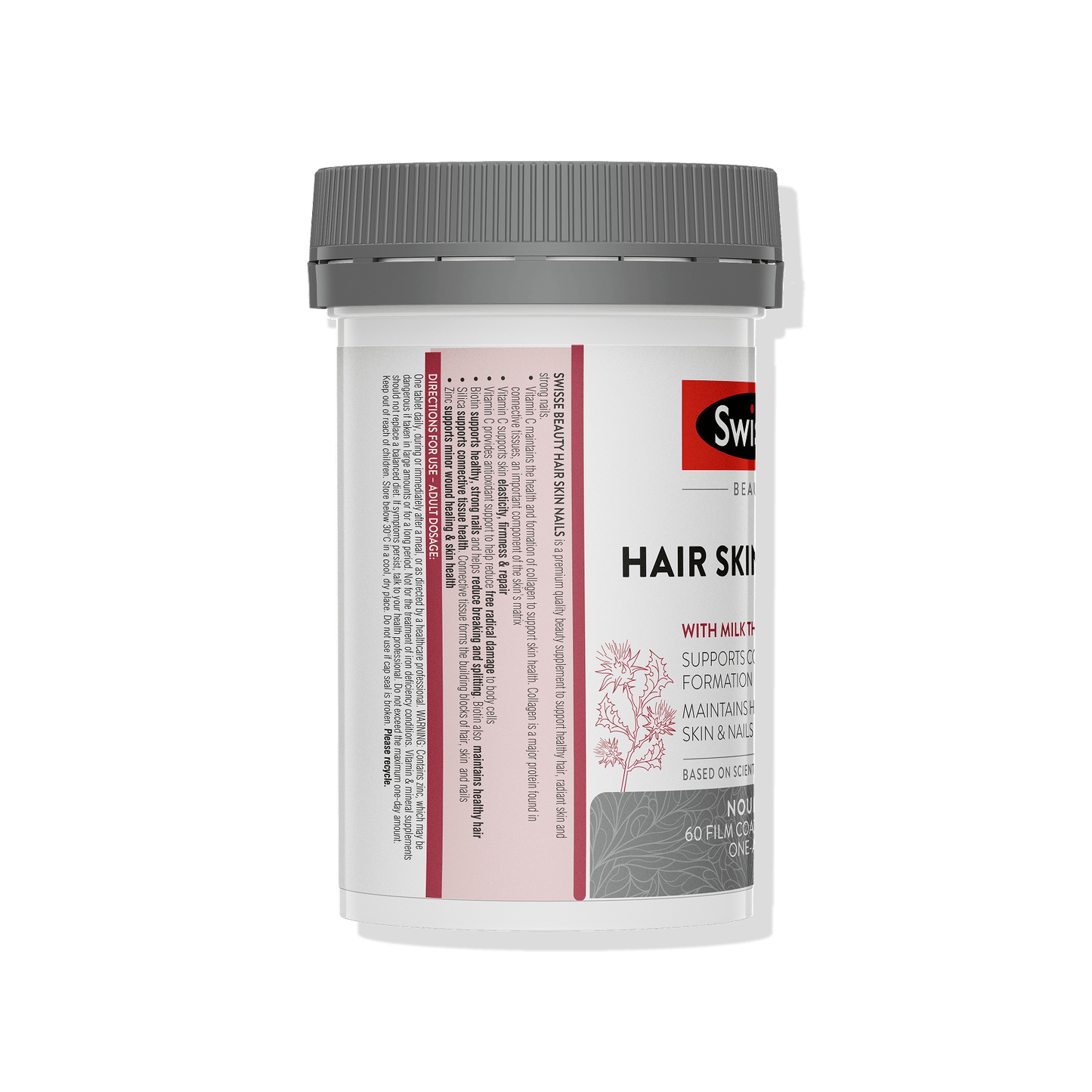 Swisse hair and skin supplement container on a white background