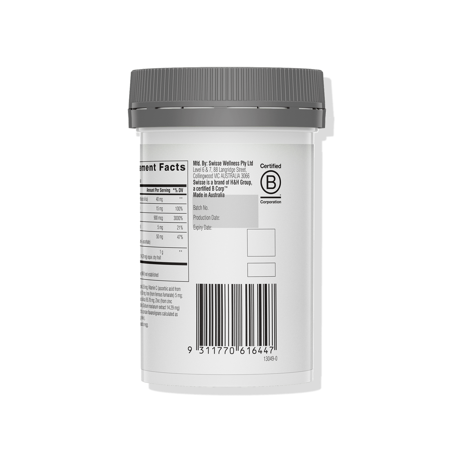 Back view of a supplement container with label and barcode on a white background