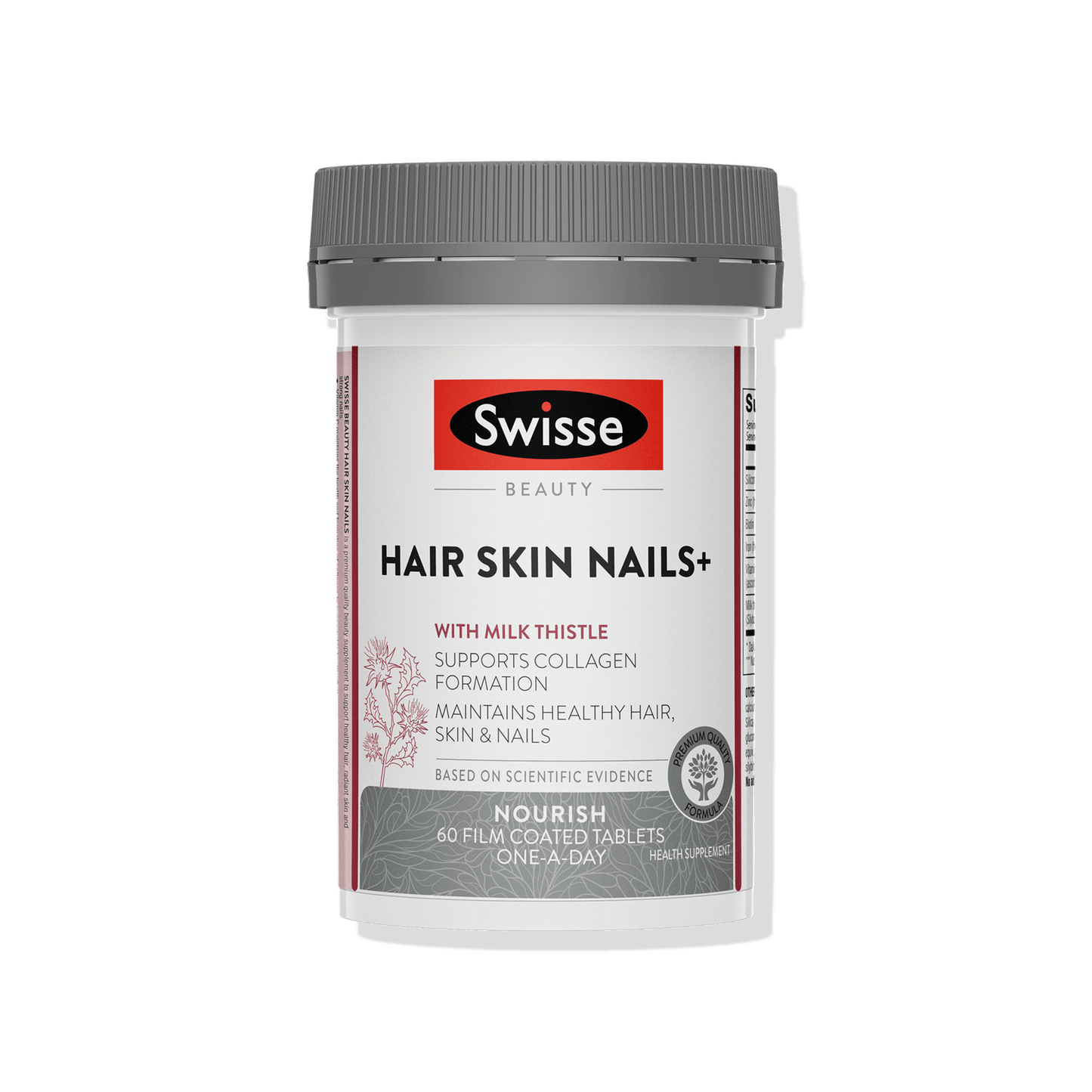 Swisse supplement container for Hair Skin Nails+ on a white background front side