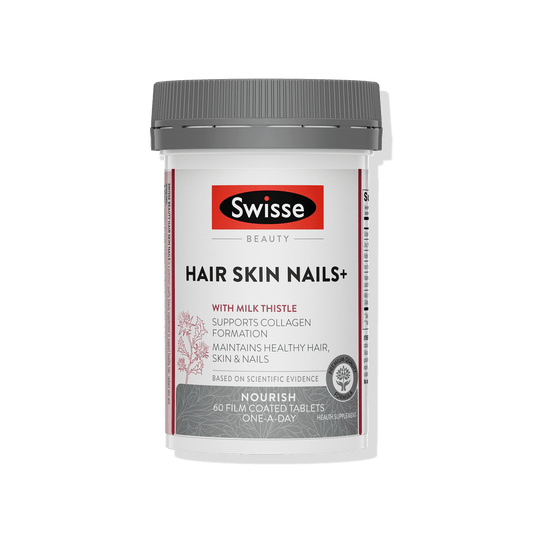 Swisse supplement container for Hair Skin Nails+ on a white background front side